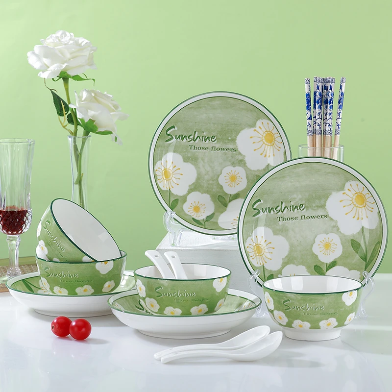 【山晋瓷创】18件春意盎然家用碗碟套装【6碗4盘4勺4筷】