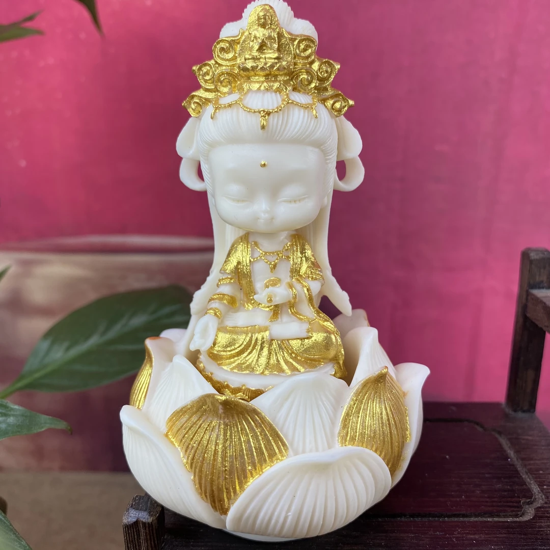 象牙果描金Q版观音摆件可爱茶宠工艺品车载装饰创意佛像