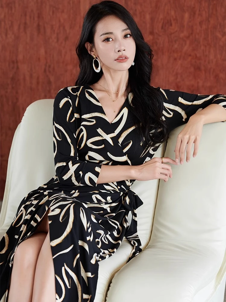 神秘黑色显瘦时尚连衣裙女神范裹身裙夏性感复古优雅轻奢长裙