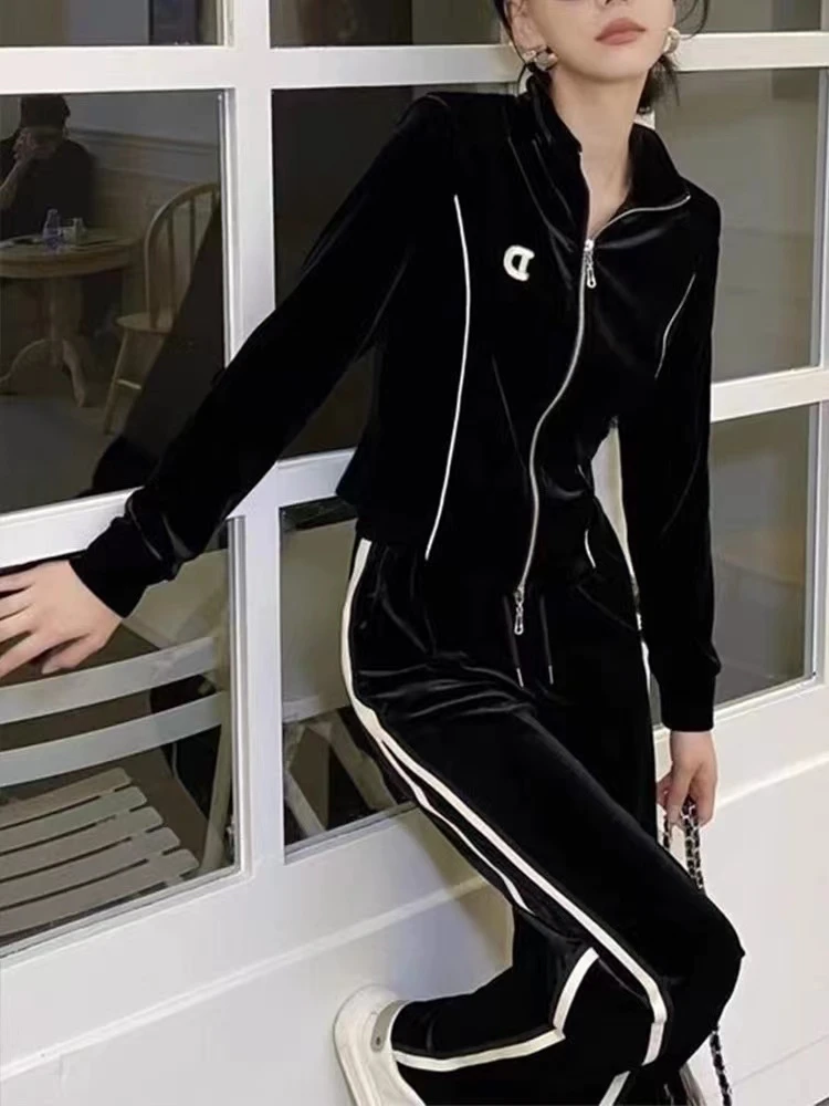 【T1379】休闲运动丝绒感阔腿裤套装新款显瘦减龄外套两件套