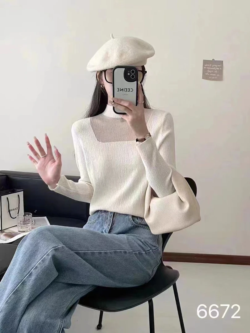 【S1399】半高领针织衫女新款拼接网纱上衣打底衫毛衣女秋冬内搭