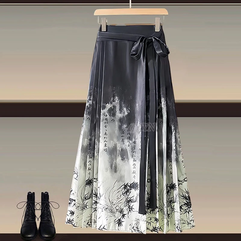 新中式国风醋酸锻马面裙女夏季复古改良汉服半身裙子温柔飘逸长裙