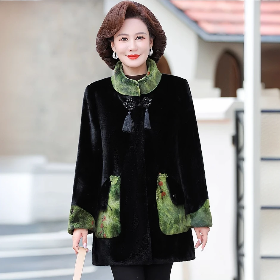 妈妈冬装仿水貂绒皮草外套女中长款皮毛一体新款阔太毛毛大衣中式