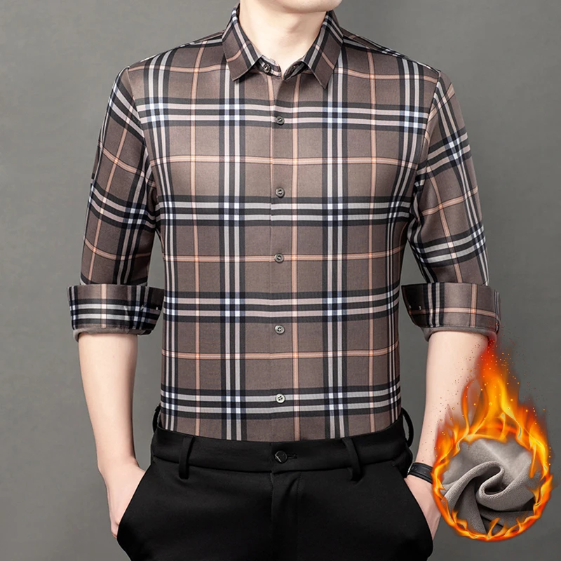 卡尔皮诺2308款冬季加绒加厚男士格子保暖修身款商务男士保暖衬衫