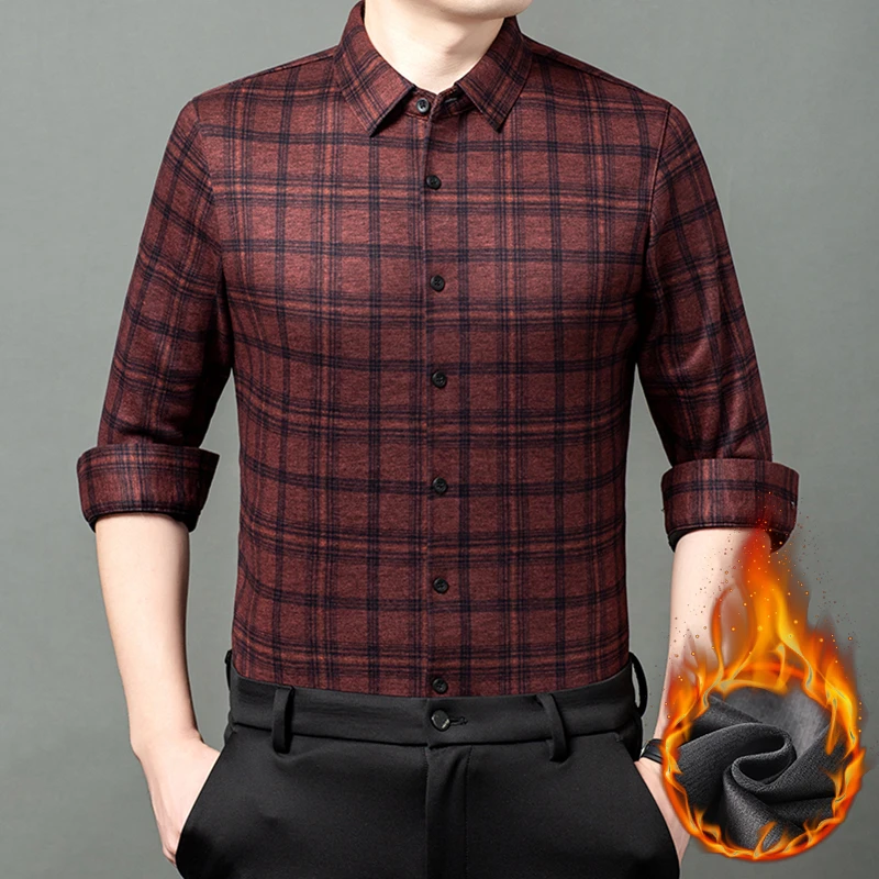 卡尔皮诺2303男士宽松冬季时尚高档加绒加厚保暖色织商务长袖衬衫