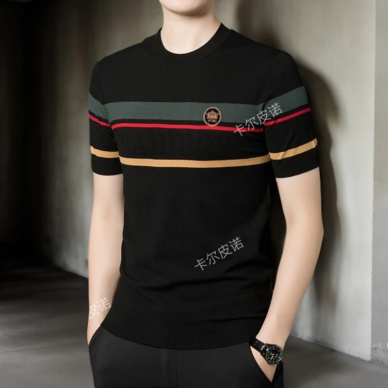 卡尔皮诺8615-1圆领款男士韩版潮流时尚休闲秋冬针织条纹修身半袖