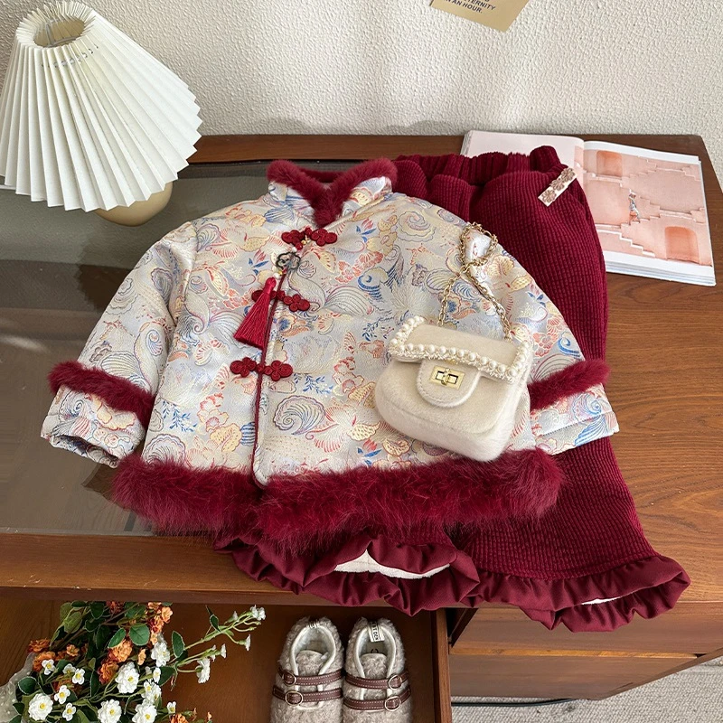 女童汉服过年拜年服秋冬季唐装中国风套装女宝宝周岁礼服冬装