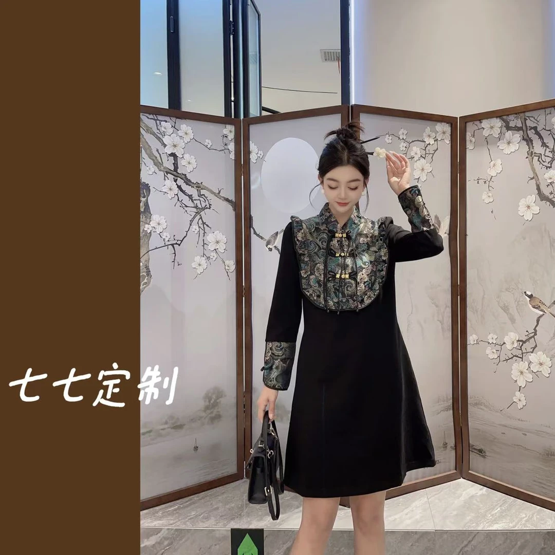 [七七定制]2024新中式复古国风气质手工工艺连衣裙显瘦高级00769