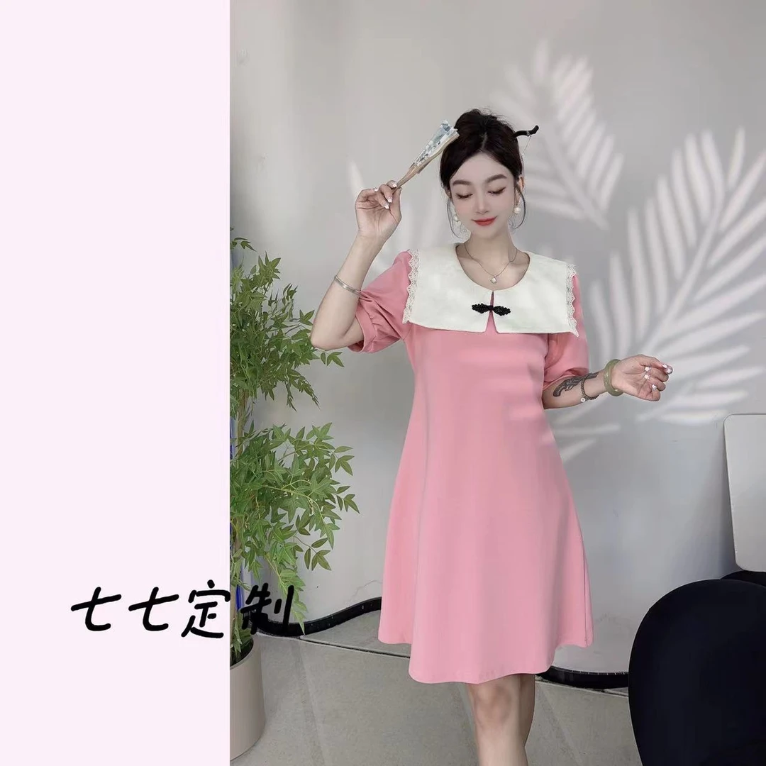 【七七定制】2024夏季新款新中式风格海军领盘扣设计连衣裙968#