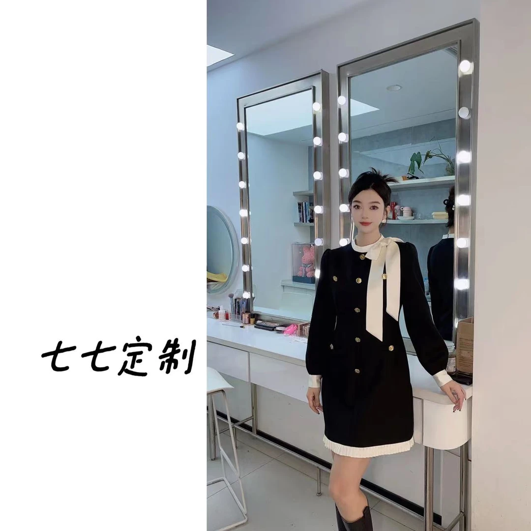 【七七定制】显瘦网红轻奢短款休闲黑色名媛连衣裙77365