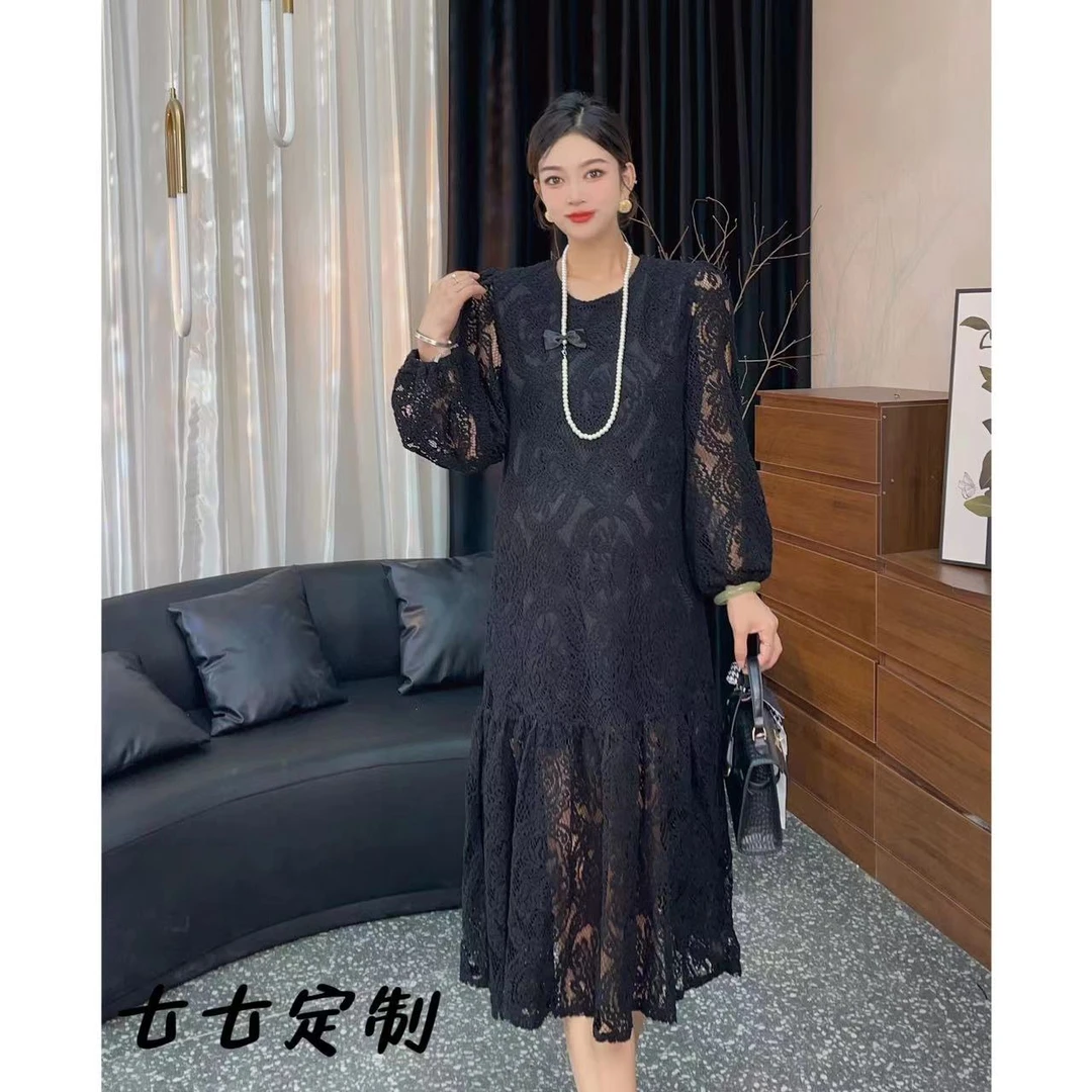【七七定制】早秋新款法式镂空蕾丝小众设计长连衣裙1257#
