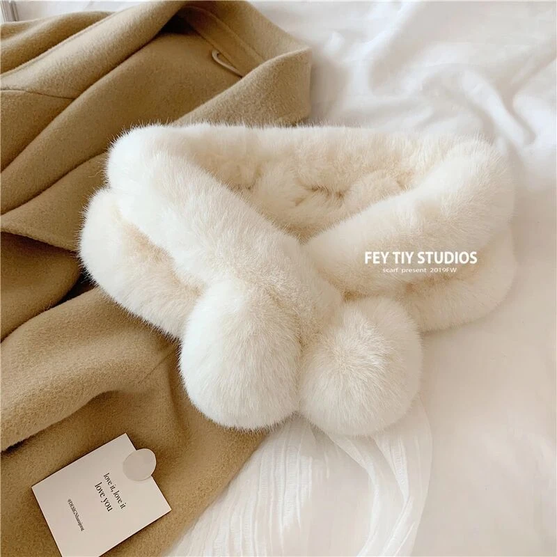 ins高品质 毛毛围巾女冬季韩版百搭交叉球球围脖仿獭兔毛保暖毛领