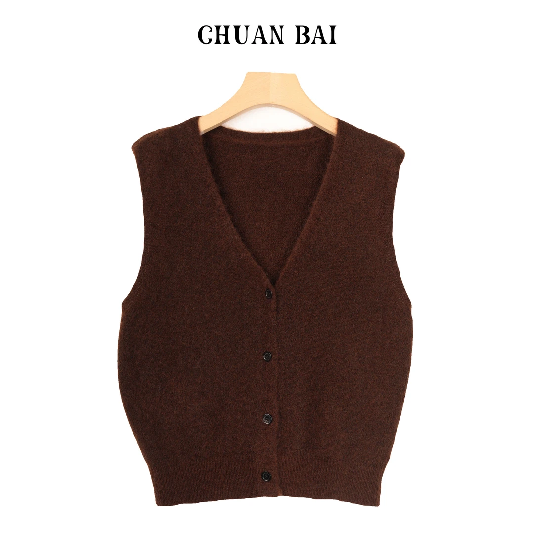 CHUAN BAI马海毛系 V领纯色扣子无袖马甲宽松休闲针织衫-801072