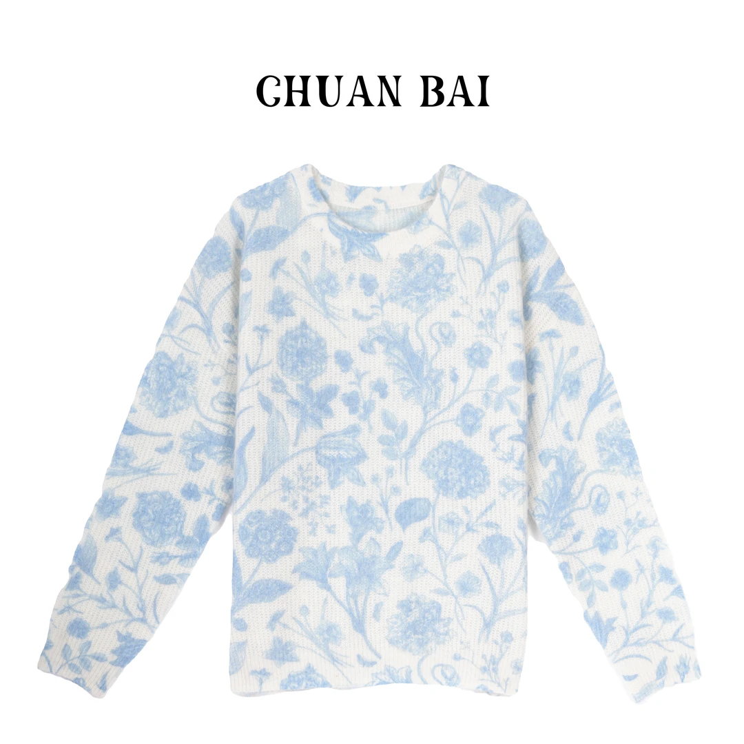 CHUANBAI马海毛系  圆领树叶花朵设计别致软糯针织套头衫-1990