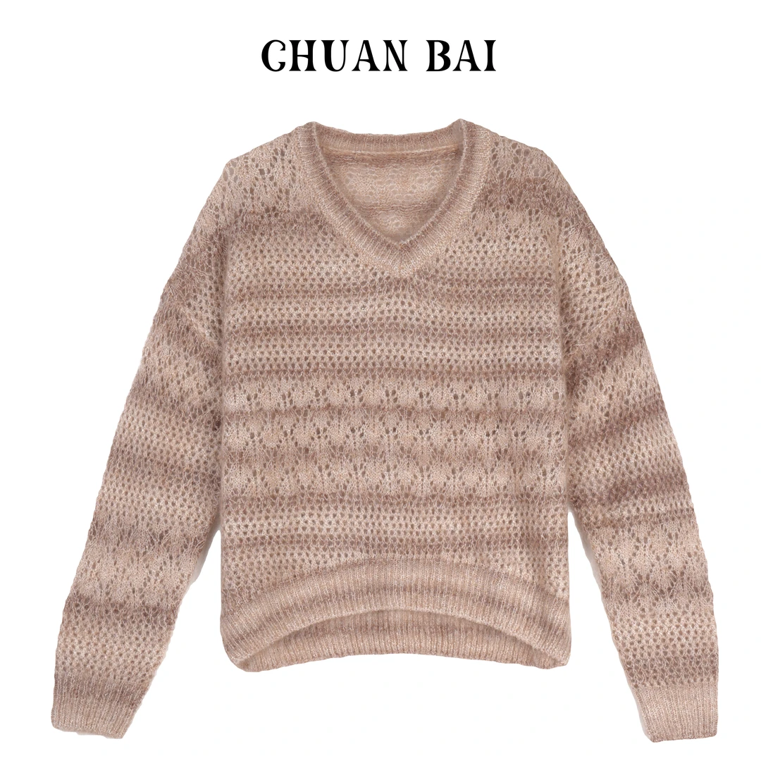 超柔南非马海毛系圆领格子条纹镂空别致软糯针织套头衫-1719