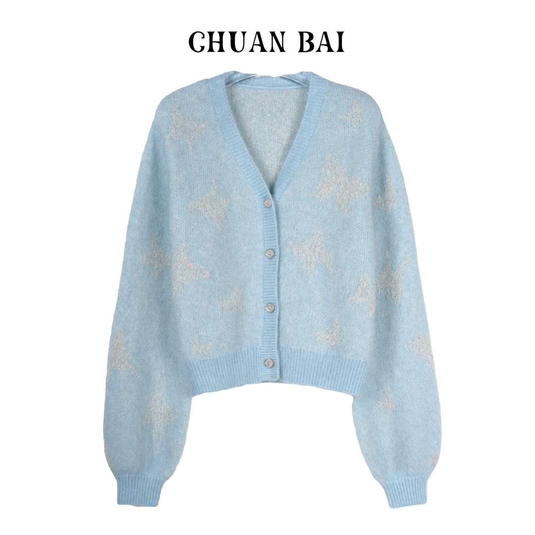 【川白】 新款马海毛韩系纯色扣子v领针织开衫-