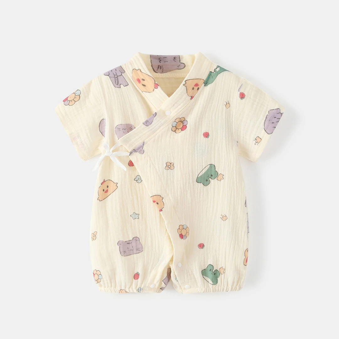 婴儿夏季连体衣纱布纯棉新生儿衣服无骨薄宝宝短袖哈衣空调服睡衣