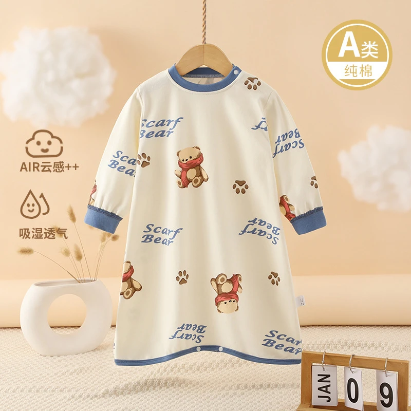 婴儿睡袋春秋季纯棉睡袍儿童家居服护肚睡衣男女宝宝睡裙连身衣服