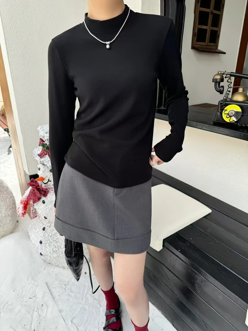 CCAI精品女装显瘦百搭修身纯色圆领时尚羊绒抓毛打底长袖网红薄绒