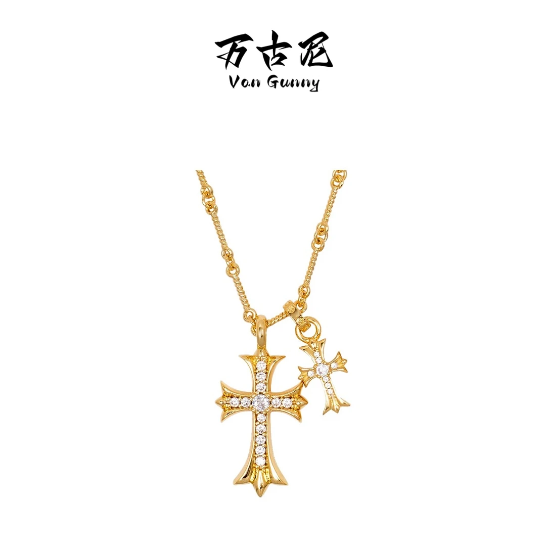 坠链均925银合成锆石 金色双十字架锆石项链复古欧美风S.N-1504G