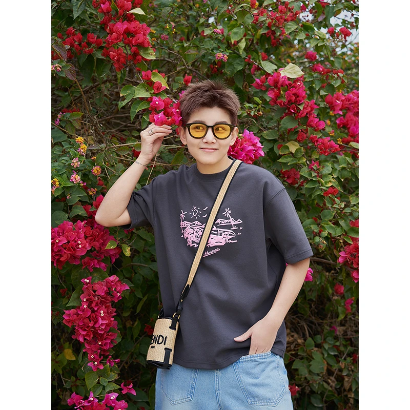 Cookawu2024春夏深灰撞粉撞色发泡短袖T恤