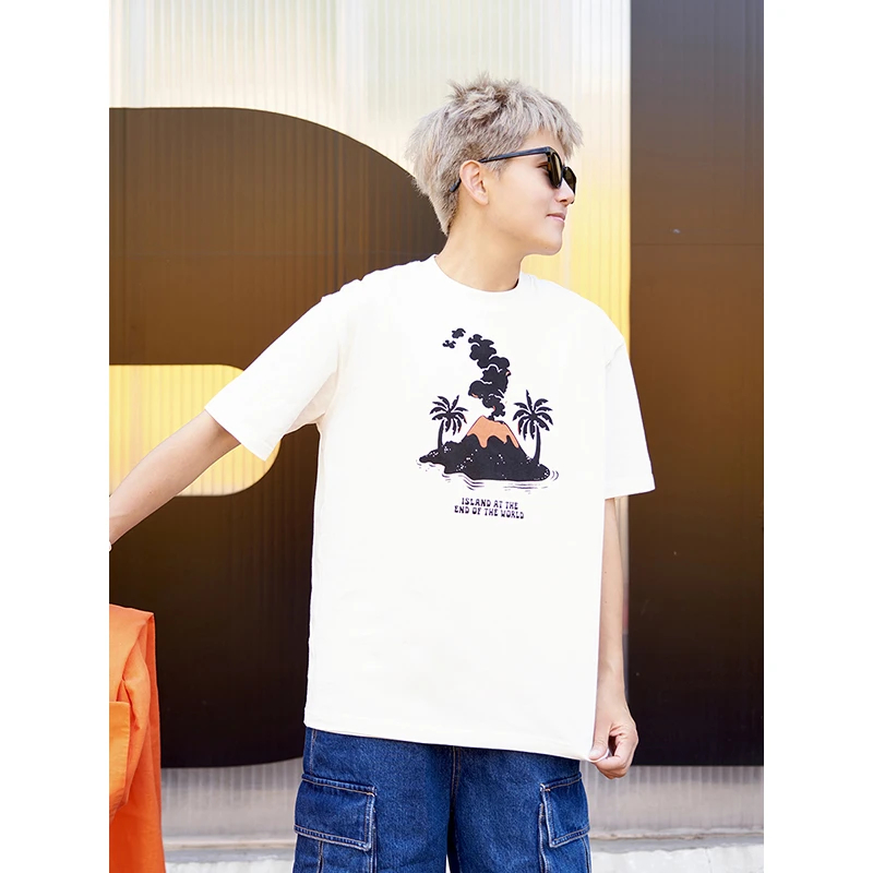 Cookawu2024夏季发泡印火山白色短袖T恤