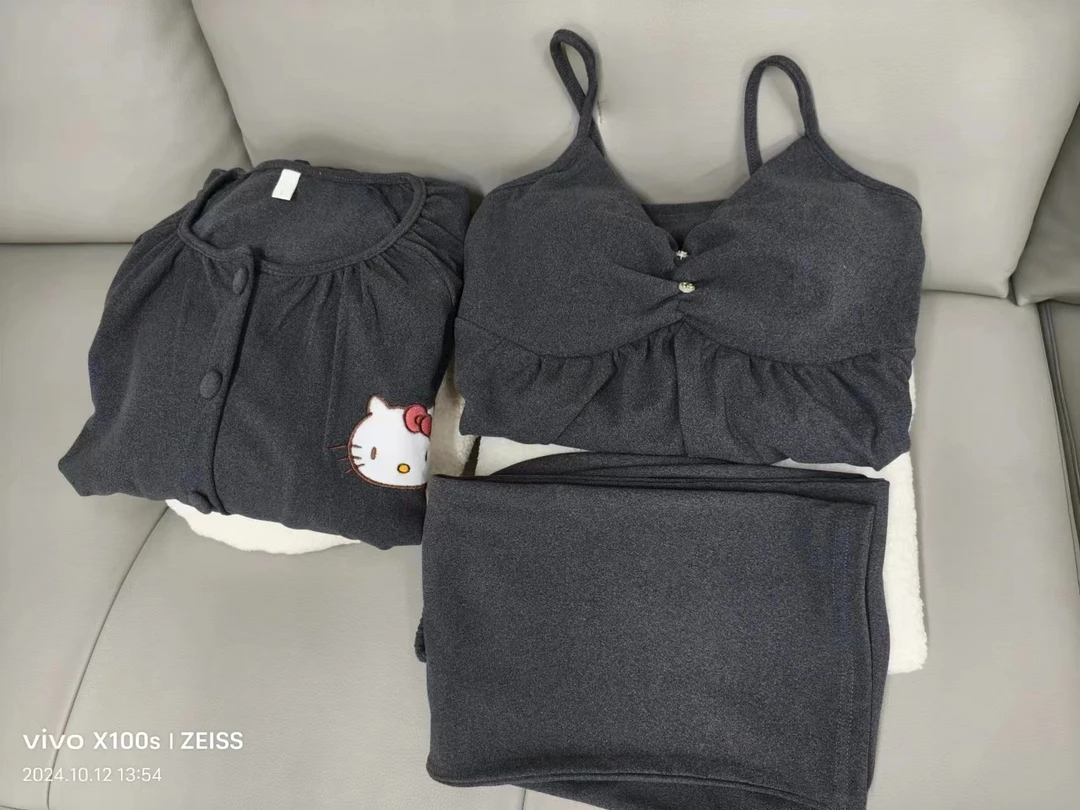 长袖德绒睡衣吊带三件套套装