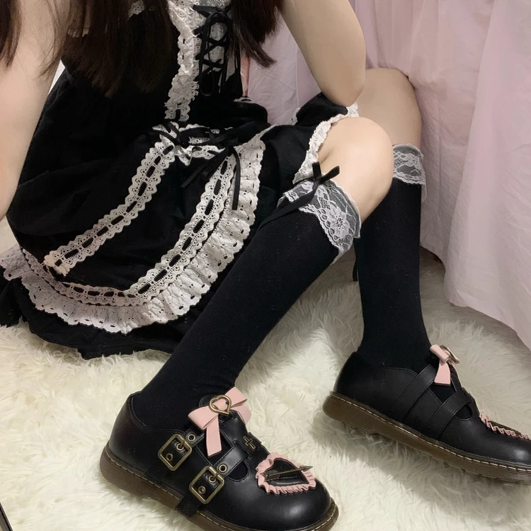 jk袜子女长筒袜春夏黑色日系可爱蝴蝶结蕾丝少女lolita长筒小腿袜