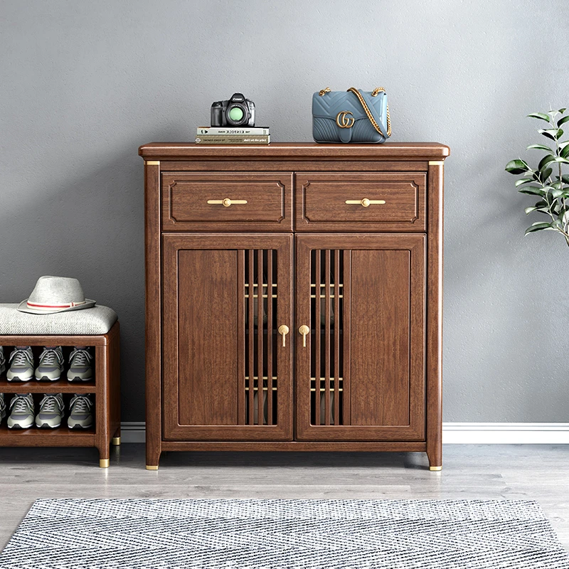 新中式实木鞋柜家用门口胡桃木隔断入户玄关柜客厅收纳柜  210706