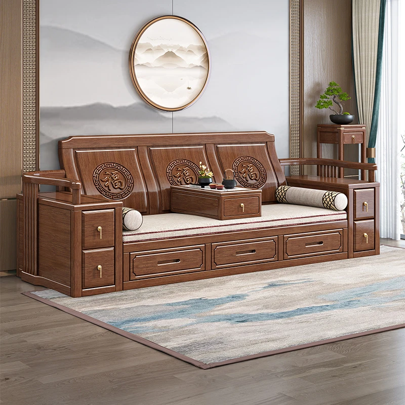 新中式实木罗汉床胡桃木推拉沙发抽屉收纳储物福雕花禅意M240717