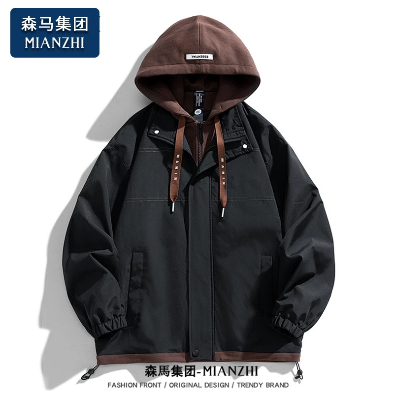 棉致男士假两件外套秋冬季2025新款潮牌工装休闲春秋痞帅连帽夹克