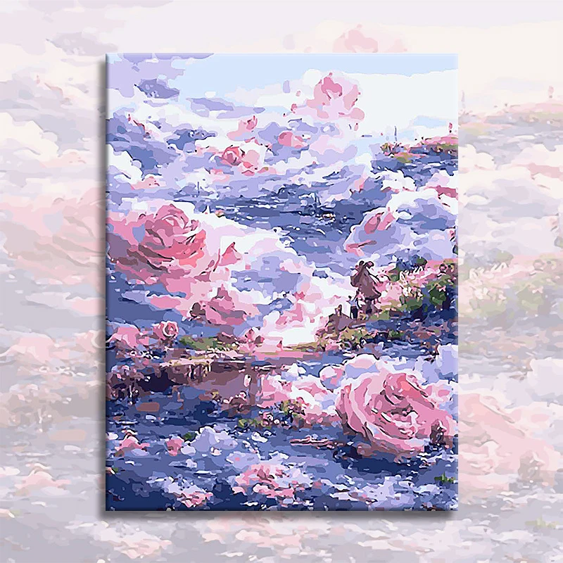 唯美玫瑰郁金香云海花海diy数字油画手绘手工填色解压治愈装饰画