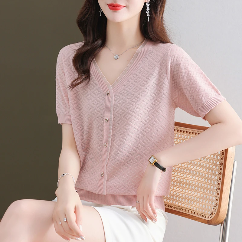 桑蚕丝轻薄短袖洋气女士针织衫遮肚子上衣夏季新款V领打底纯色023