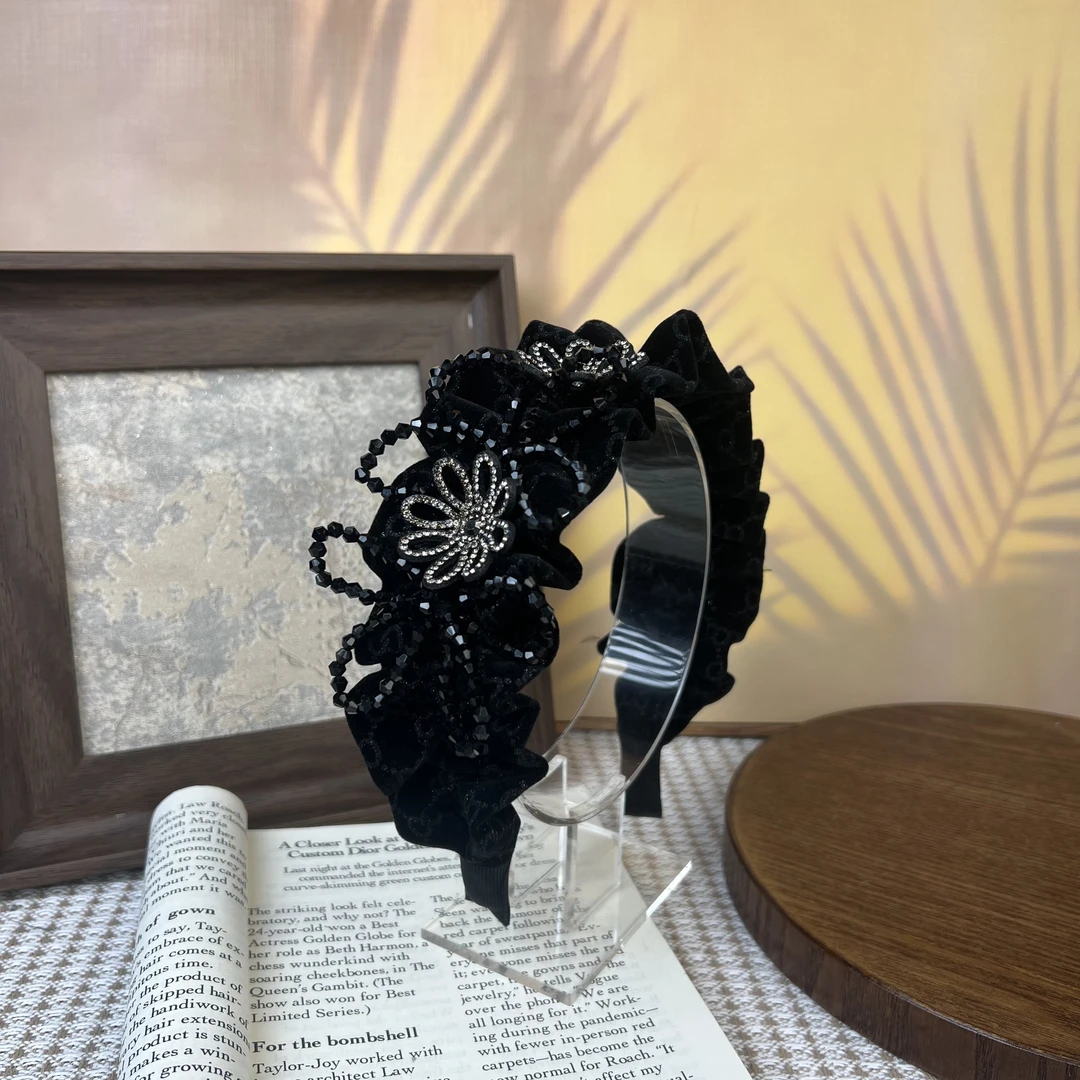 秋冬丝绒重工花朵发箍女年新款宽边褶皱头箍高颅顶发卡头饰