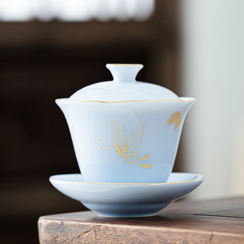 东旺尚品 紫罗兰蝶恋花三才盖碗女士用泡茶高档茶具中式复古简约