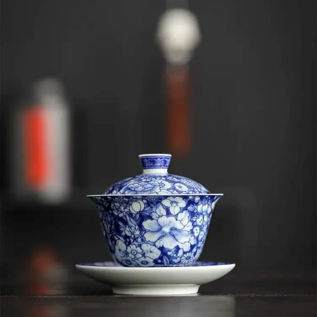 万花盖碗青花仿古贴绘盖碗功夫茶具大容量不烫手茶碗