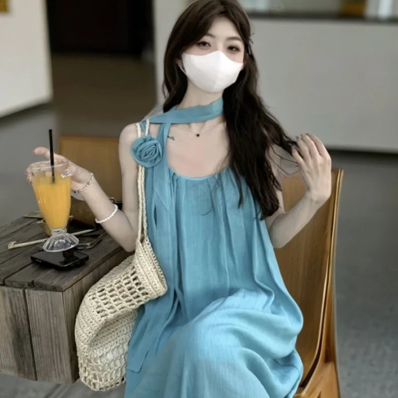 宽松连衣裙吊带裙性感纯欲法式夏季甜美裙子气质公主无袖外穿蓝色