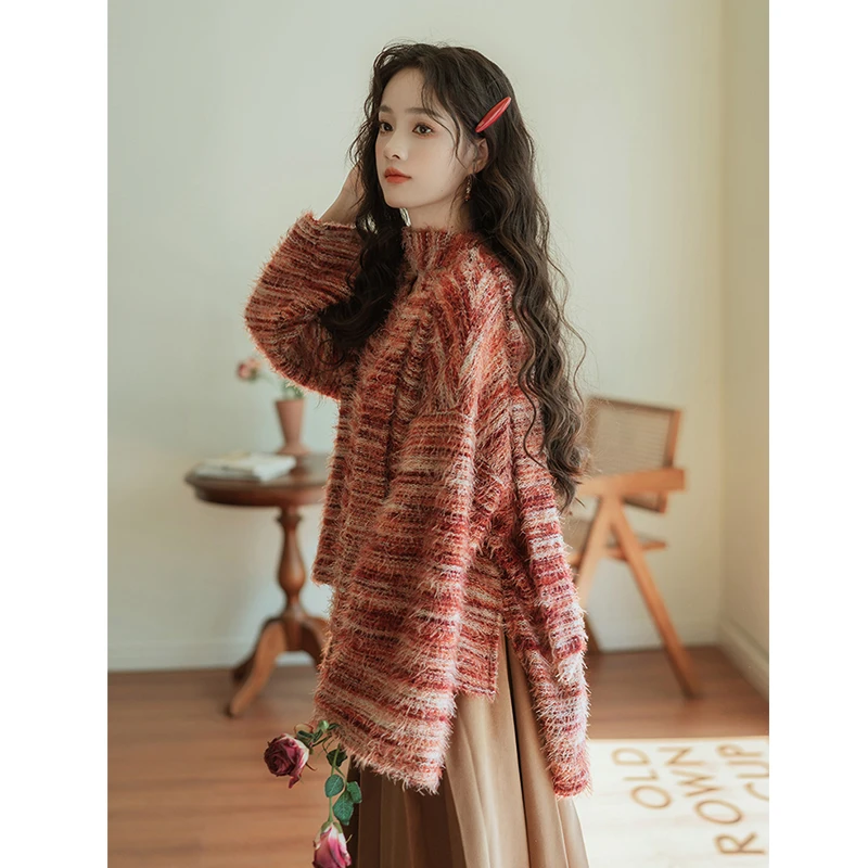 纪云禾丨荼锦  法式复古宽松渐变色毛衣秋冬女慵懒风软糯针织上衣