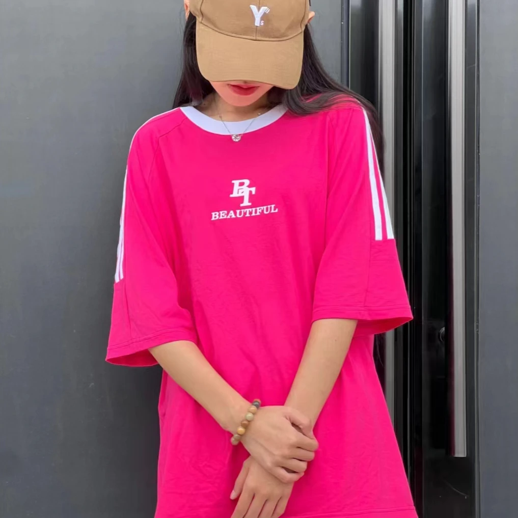 BT潮线新款009玫红色时尚休闲百搭宽松短袖纯棉圆领中长款半袖