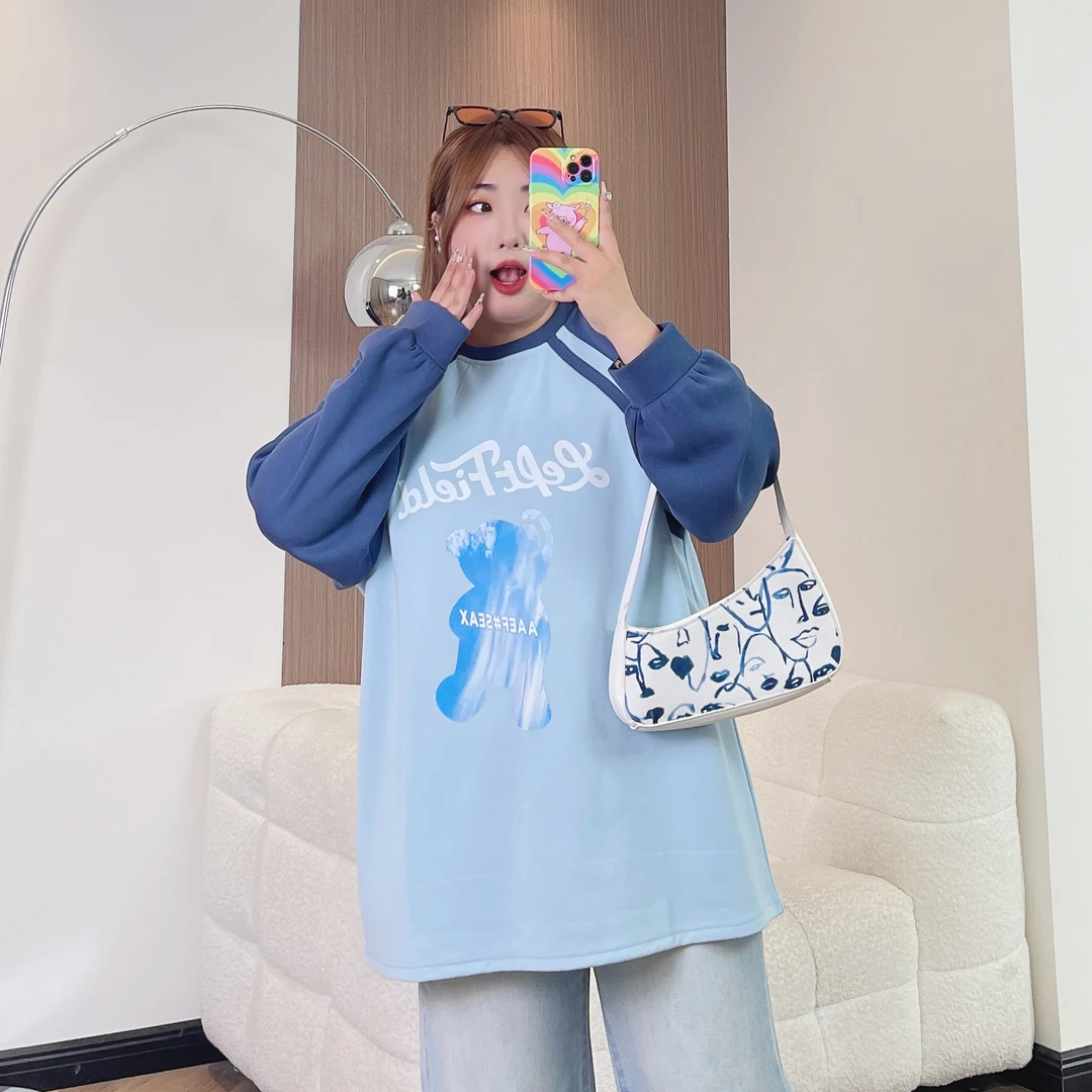 蓝调冰川 / 插肩袖撞色宽松卫衣18038花契200斤胖mm秋季休闲时尚