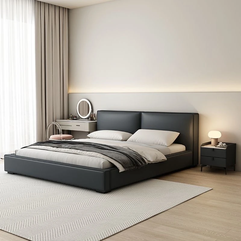 意式极简豆腐块真皮床现待简约双人床主卧婚床小户型储物真皮床