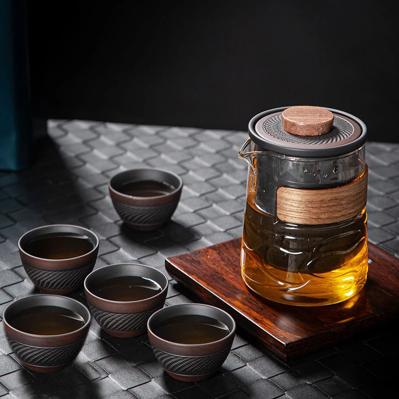 六晋紫陶跳刀一壶五杯快客杯玻璃户外中式便携式过滤茶壶旅行茶具