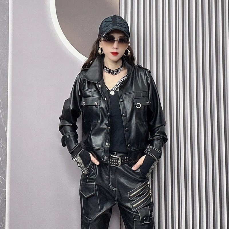 欧货潮牌网红同款2024年秋季洗水皮个性显瘦洋气长袖黑色百搭外套