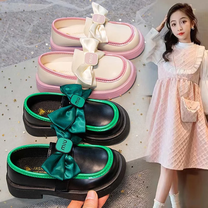 女童鞋子2024春季新款蝴蝶结公主鞋洋气单鞋超软女中大童皮鞋Q005
