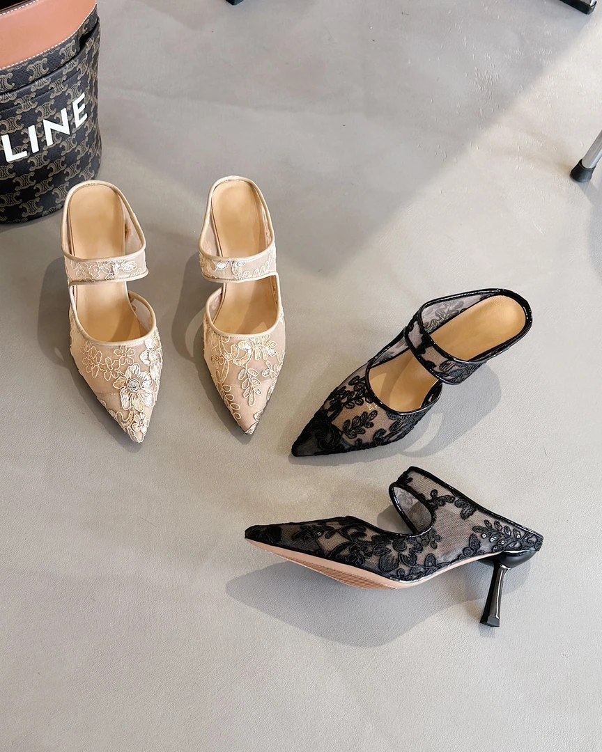 艾米奇夏款高端气质高跟凉拖鞋女外穿时尚蕾丝刺绣网凉鞋镂空半拖