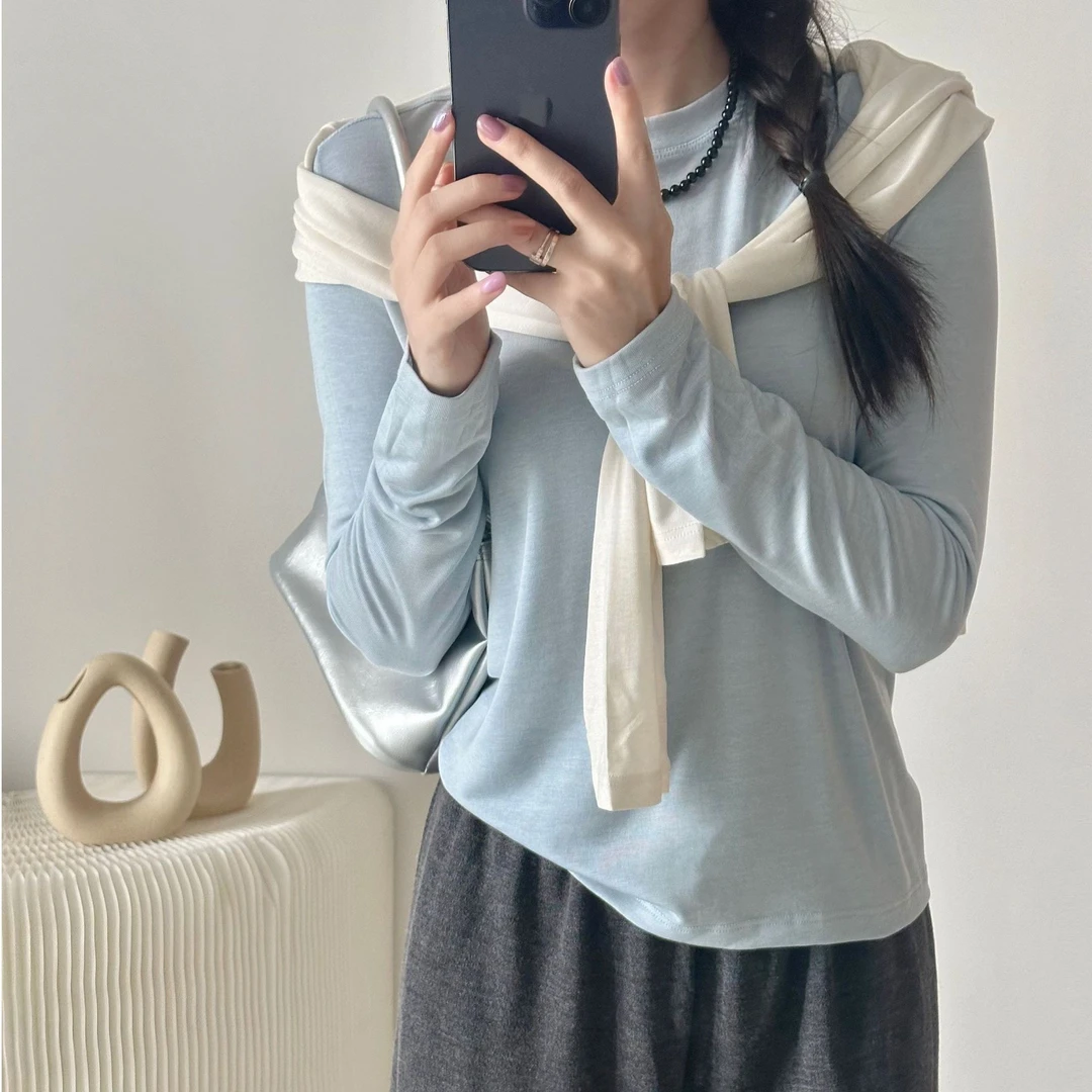 纸片人面膜T醋酸天丝绵羊毛长袖T恤无侧缝显瘦时尚纯色直角肩上衣