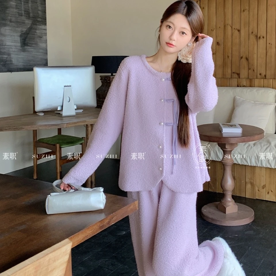 软绵绵半边绒新中式国风盘扣流苏复古气质优雅显瘦家居服睡衣套装