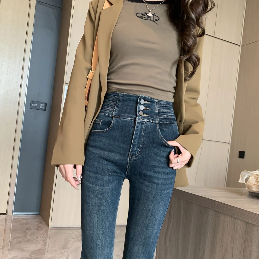 高腰排扣紧身牛仔裤女2025秋冬新款气质时尚弹力显瘦小个子铅笔裤