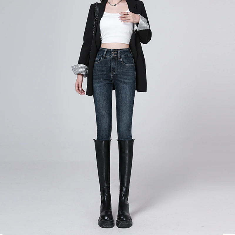 2025秋冬新款墨蓝灰弹力高腰紧身小脚裤女百搭修身显瘦铅笔牛仔裤