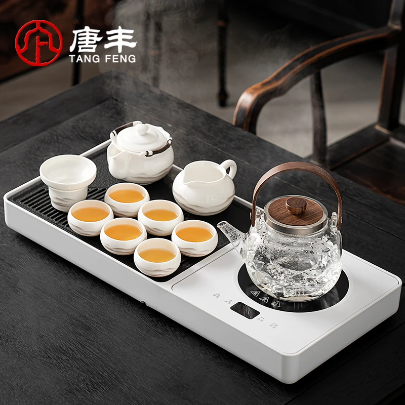 唐丰茶台烧水壶一体全自动功夫羊脂玉瓷手抓壶茶杯公道杯茶具套装